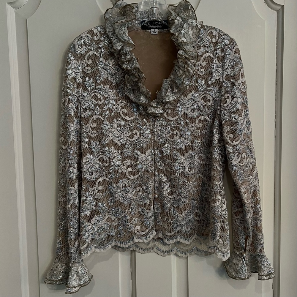 St. John Couture Metallic Lace Skirt and Blouse Set